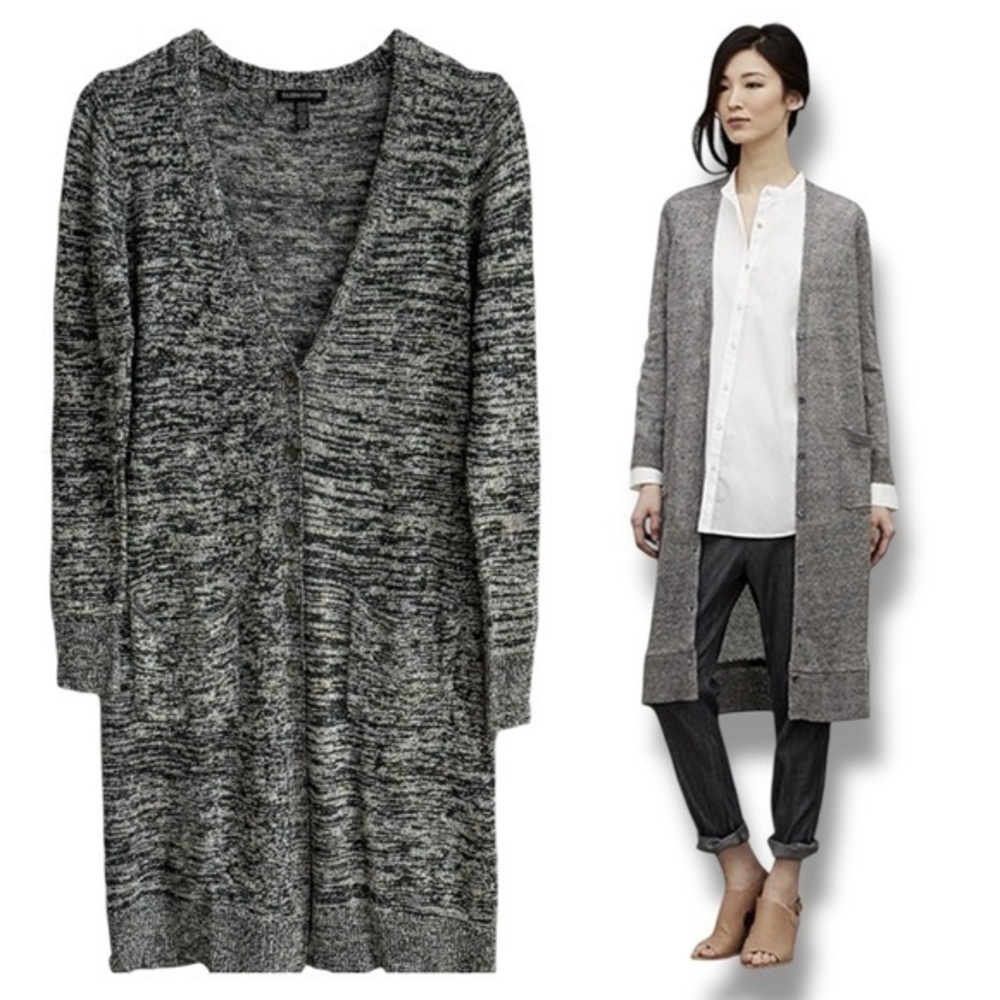 EILEEN FISHER OVERSIZED BLACK WHITE SILK KNIT SWEATER BUSINESS CARDIGAN JACKET S